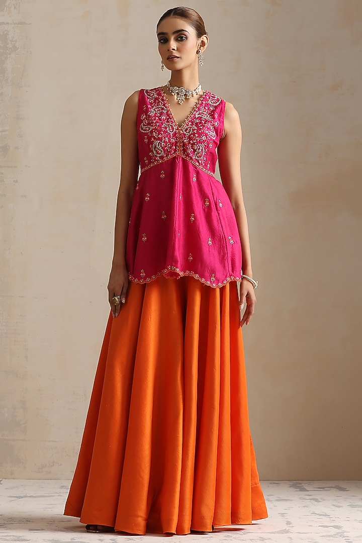 Pink Silk Chanderi Hand Embroidered Peplum Kurta Set by Shikha Mehta at Pernia's Pop Up Shop