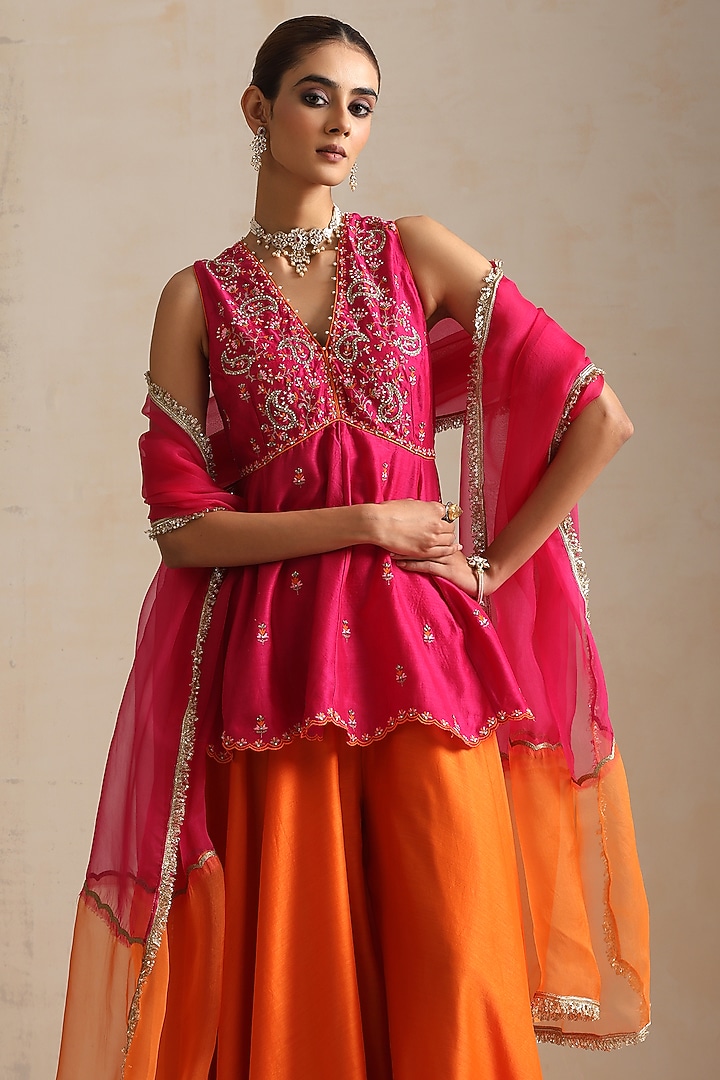 Pink Silk Chanderi Hand Embroidered Peplum Kurta Set by Shikha Mehta at Pernia's Pop Up Shop