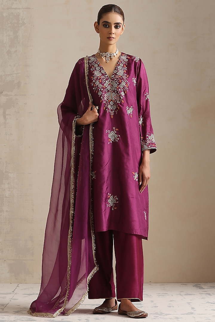 Purple Silk Thread Embroidered A-Line Kurta Set by Shikha Mehta at Pernia's Pop Up Shop