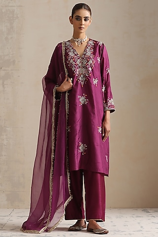 Purple - Thread Buti A-Line Spun Dupion Silk Kurta Set (Set of 2) 04