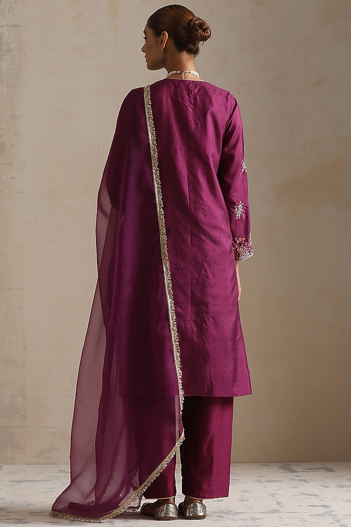 Purple Silk Thread Embroidered A-Line Kurta Set by Shikha Mehta at Pernia's Pop Up Shop