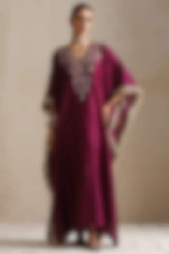 Purple Silk Chanderi Thread Embroidered Kaftan by Shikha Mehta at Pernia's Pop Up Shop