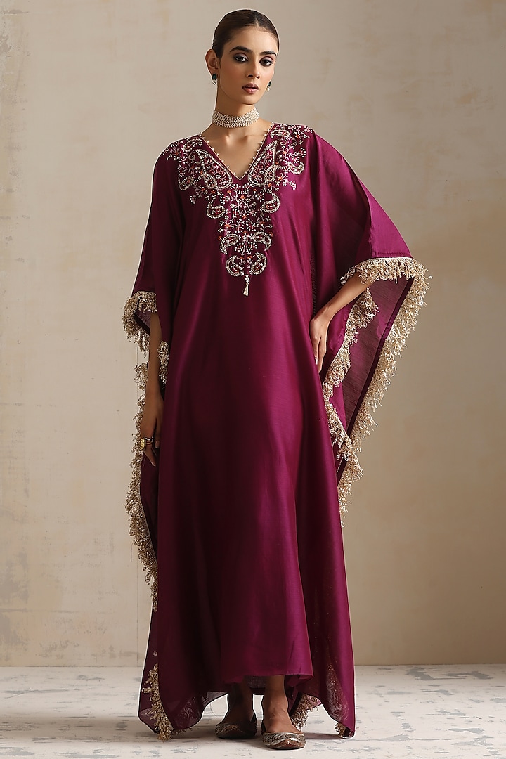 Purple Silk Chanderi Thread Embroidered Kaftan by Shikha Mehta at Pernia's Pop Up Shop