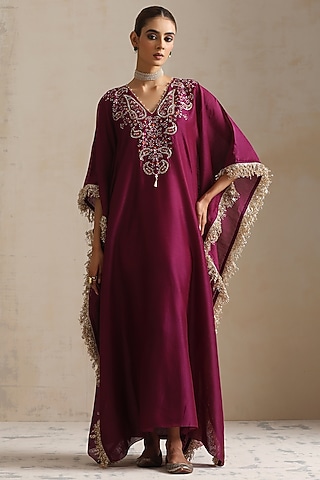 Purple Silk Chanderi Thread Embroidered Kaftan by Shikha Mehta