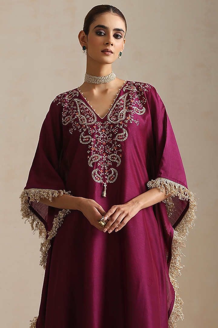 Purple Silk Chanderi Thread Embroidered Kaftan by Shikha Mehta at Pernia's Pop Up Shop