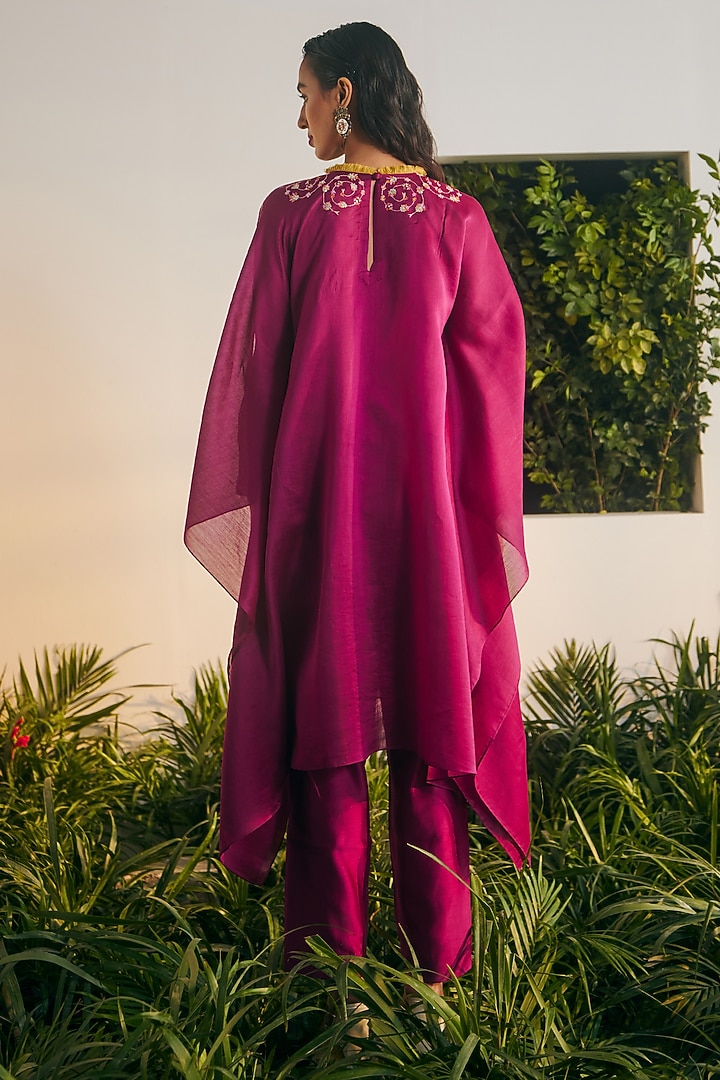Wine Silk Chanderi Thread Embroidered Tunic Set by Shikha Mehta at Pernia's Pop Up Shop