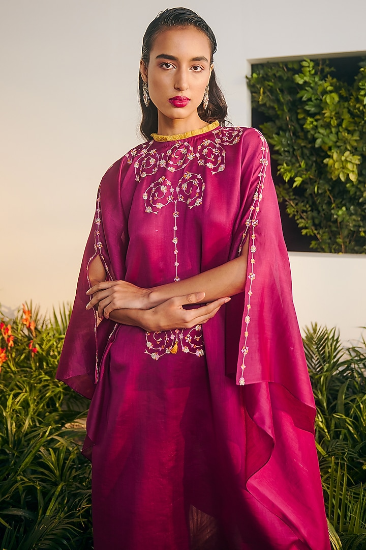 Wine Silk Chanderi Thread Embroidered Tunic Set by Shikha Mehta at Pernia's Pop Up Shop