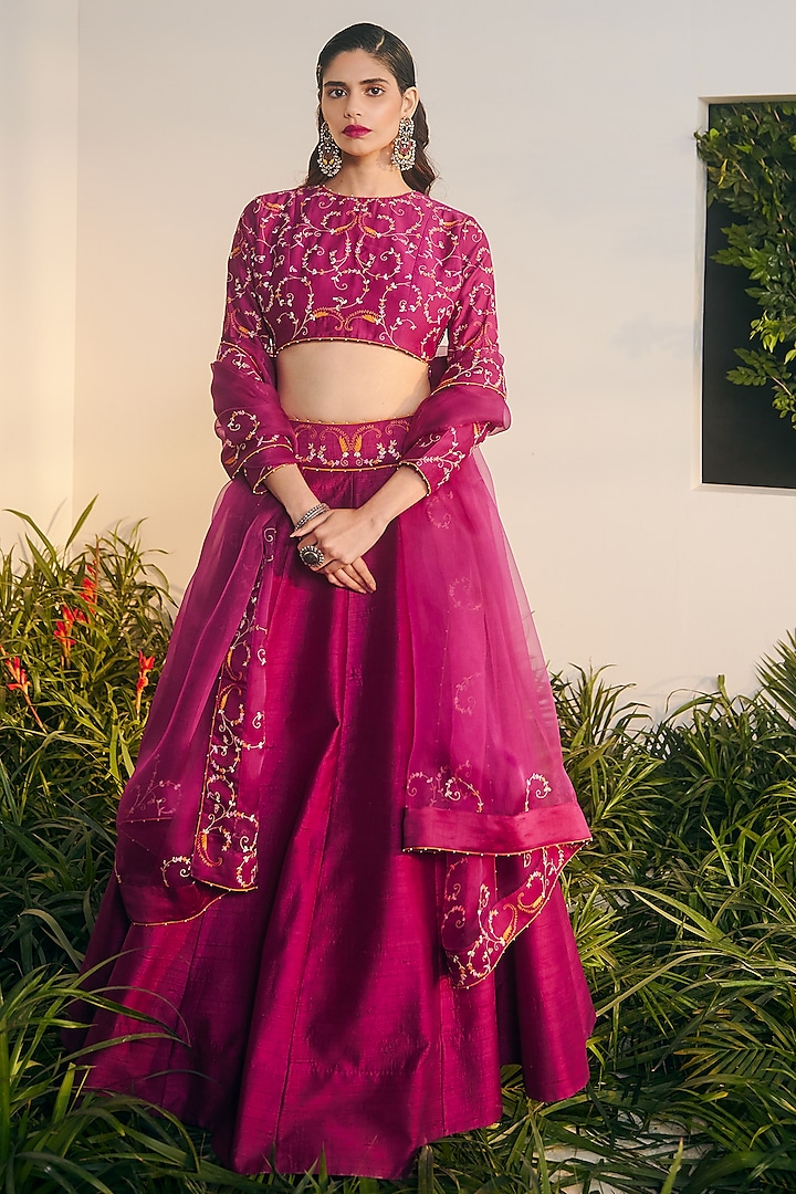 Wine Raw Silk Embroidered Wedding Lehenga Set by Shikha Mehta at Pernia's Pop Up Shop