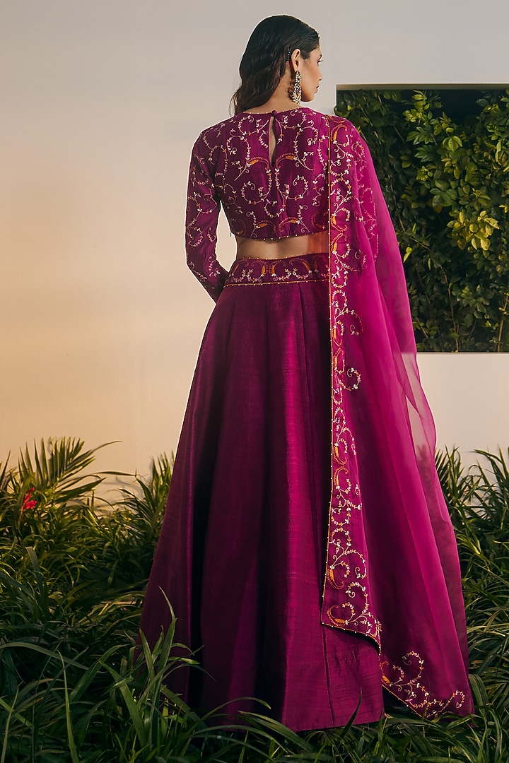Wine Raw Silk Embroidered Wedding Lehenga Set by Shikha Mehta at Pernia's Pop Up Shop