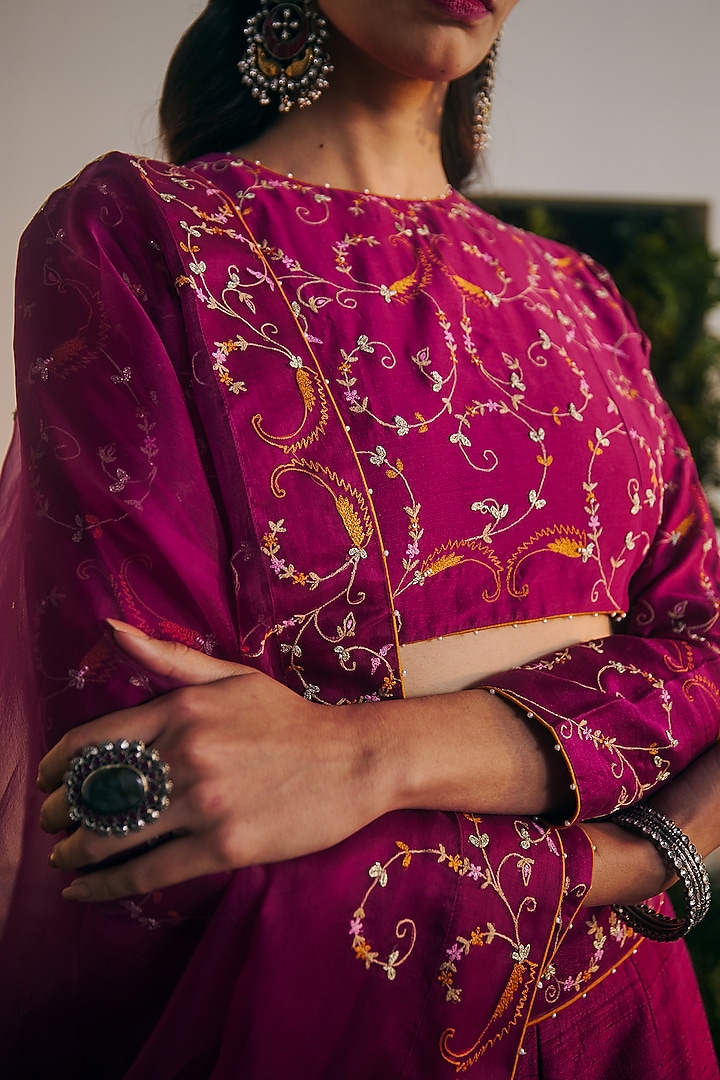 Wine Raw Silk Embroidered Wedding Lehenga Set by Shikha Mehta at Pernia's Pop Up Shop