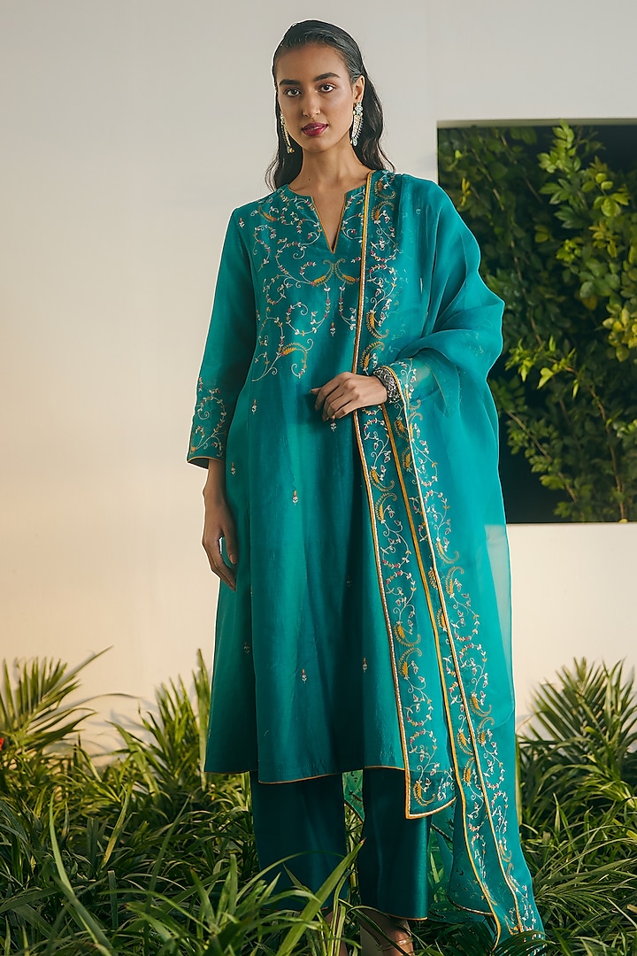 Emerald Silk Chanderi Embroidered Kalidar Kurta Set by Shikha Mehta