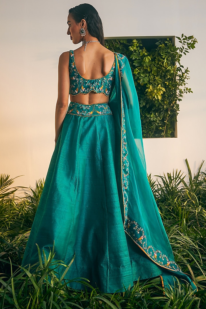 Emerald Raw Silk Embroidered Wedding Lehenga Set by Shikha Mehta at Pernia's Pop Up Shop