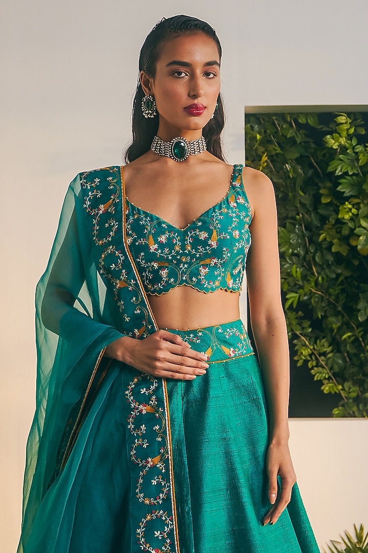 Emerald Raw Silk Embroidered Wedding Lehenga Set by Shikha Mehta at Pernia's Pop Up Shop