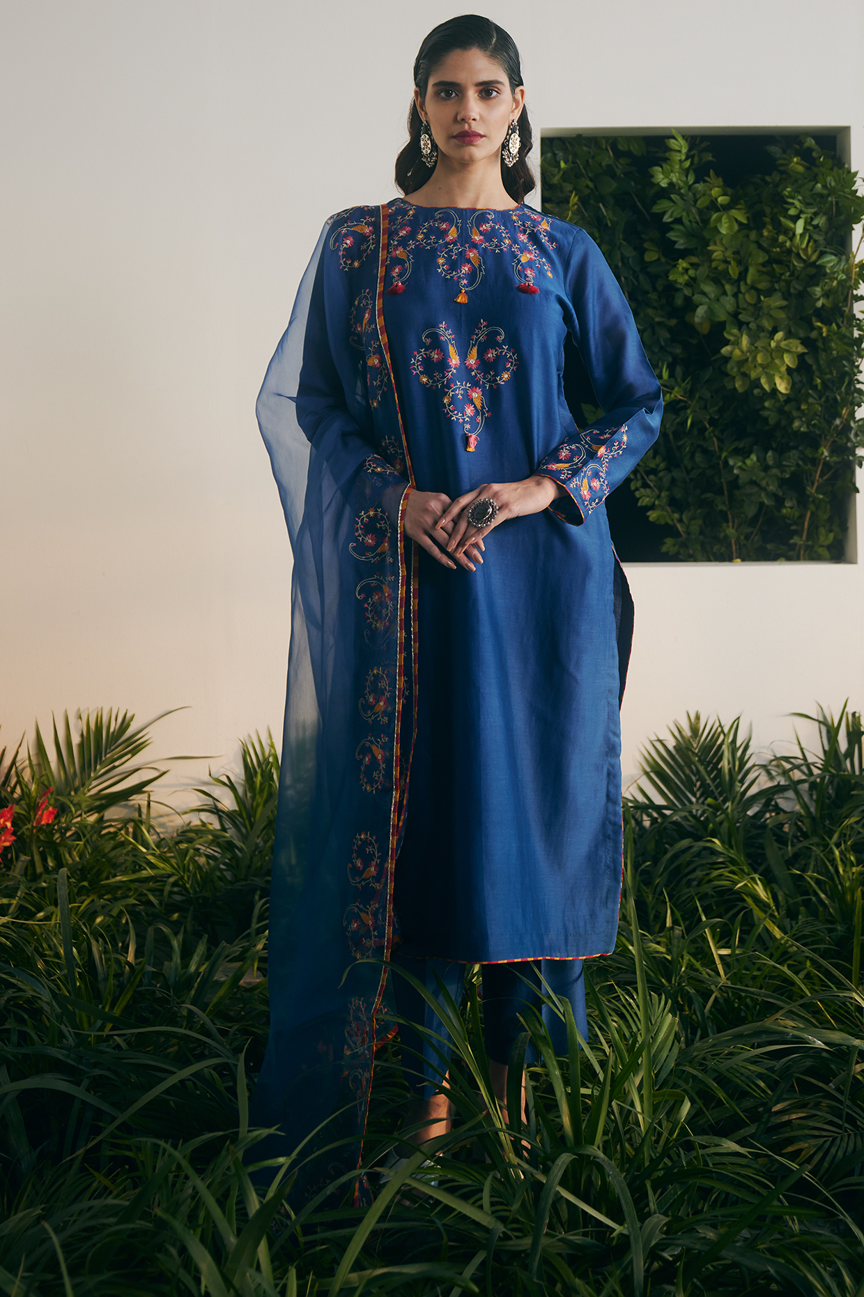 Cobalt Blue Silk Chanderi Embroidered Straight Kurta Set by Shikha Mehta at Pernia's Pop Up Shop