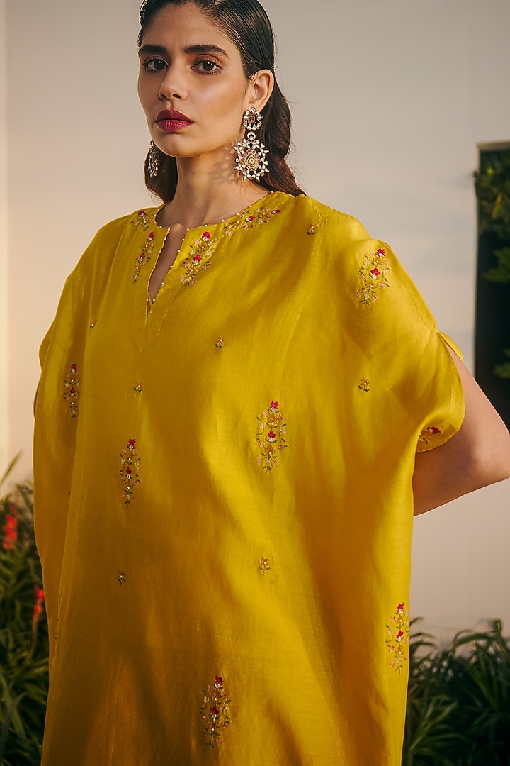 Yellow Silk Chanderi Embroidered Kaftan Set by Shikha Mehta at Pernia's Pop Up Shop