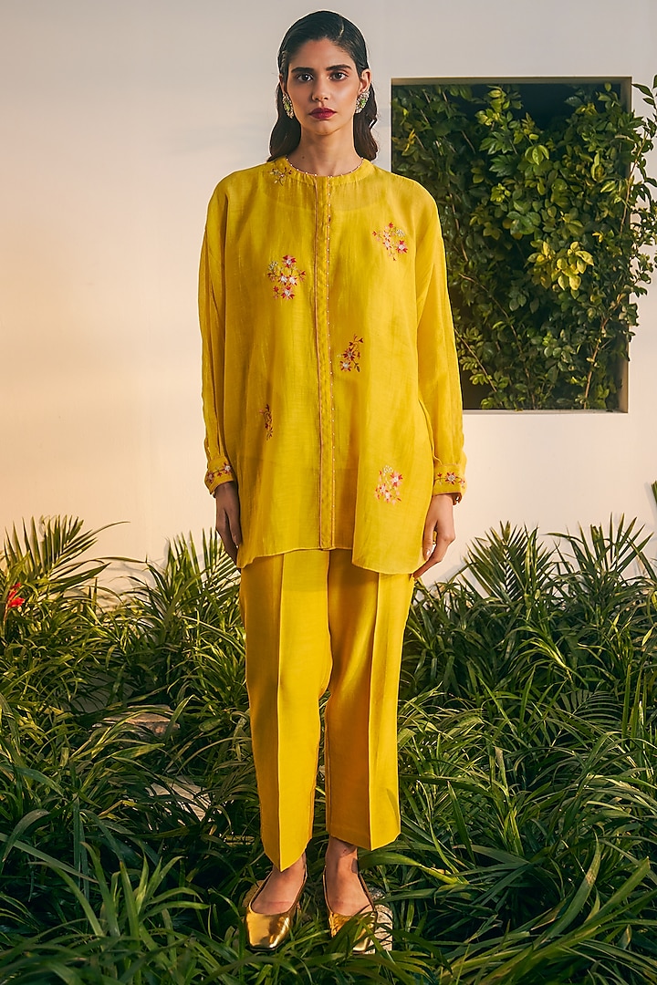 Yellow Silk Chanderi Embroidered Co-Ord Set by Shikha Mehta