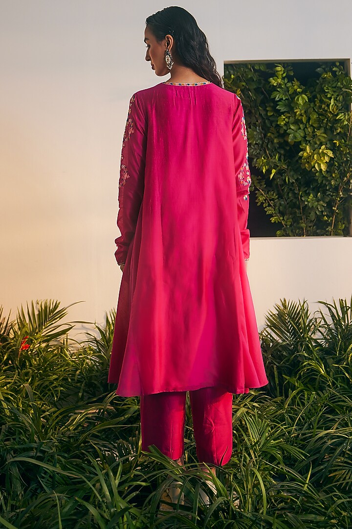 Fuchsia Silk Chanderi Thread Embroidered Kalidar Kurta Set by Shikha Mehta at Pernia's Pop Up Shop