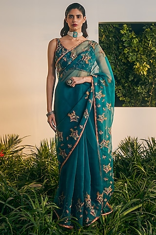Buy Pista Green Saree In Organza With Hand Embroidered Floral
