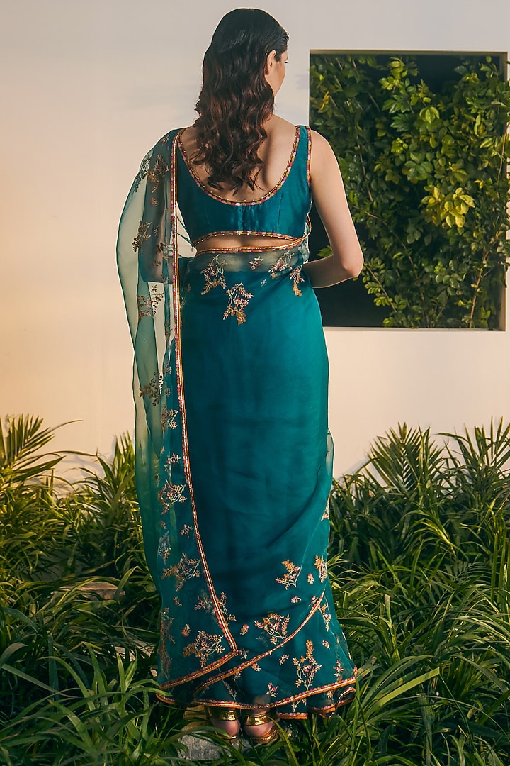 Teal Silk Organza Thread Embroidered Wedding Saree Set by Shikha Mehta at Pernia's Pop Up Shop