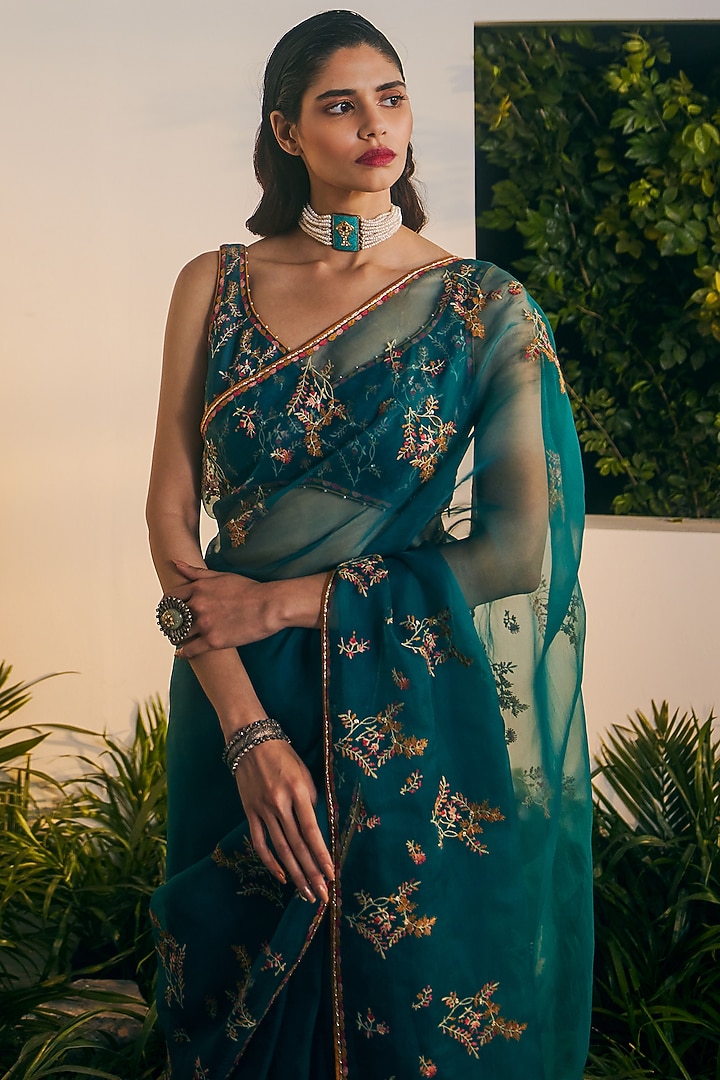 Teal Silk Organza Thread Embroidered Wedding Saree Set by Shikha Mehta at Pernia's Pop Up Shop