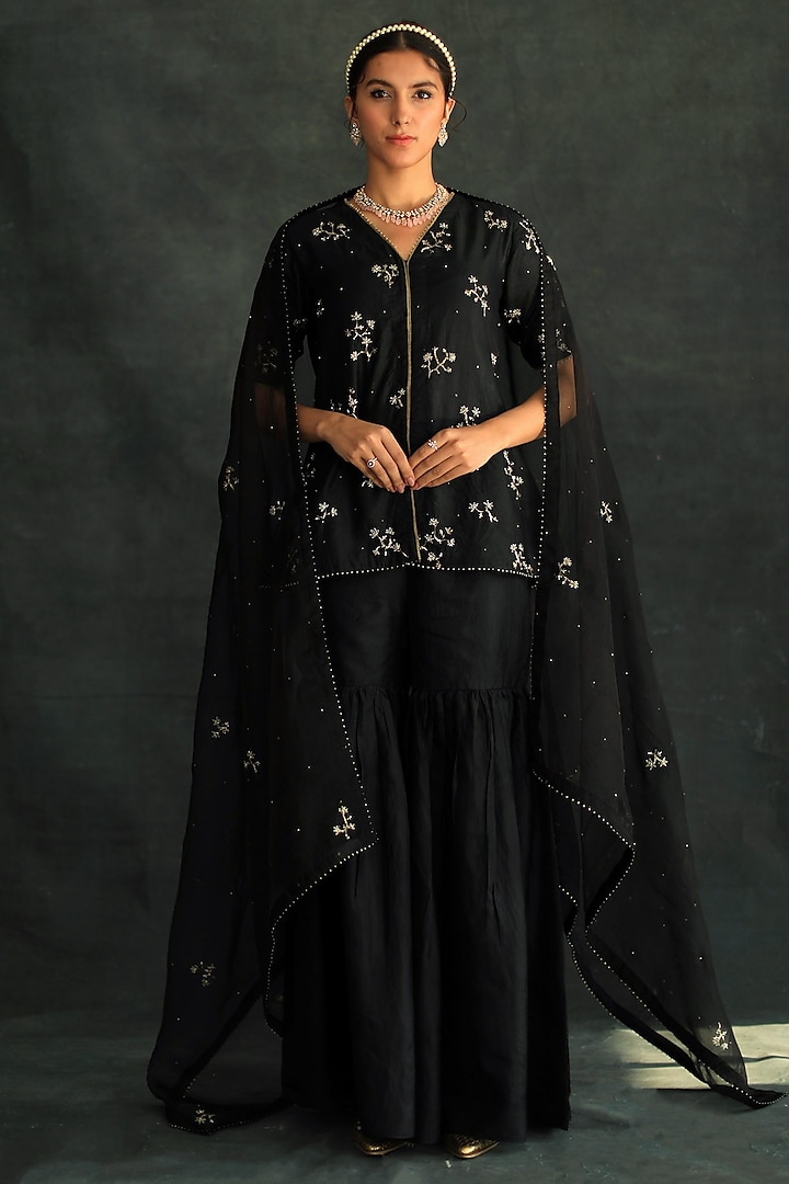 Black Embroidered Sharara Set by Shikha Mehta