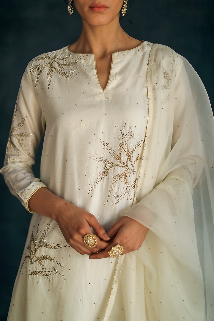 Ivory Gold Beads Embellished Kurta Set by Shikha Mehta at Pernia's Pop Up Shop