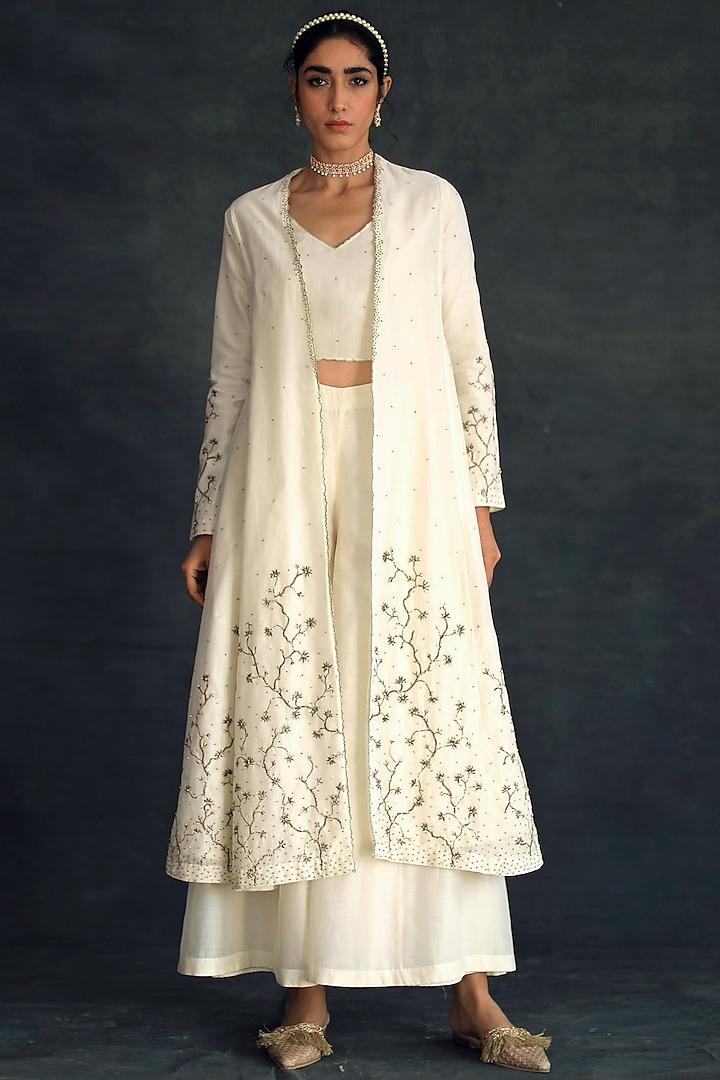 Ivory Embellished Jacket Set by Shikha Mehta