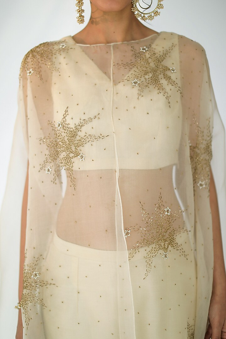 Beige Pearl & Gold Embellished Pant Set by Shikha Mehta at Pernia's Pop Up Shop