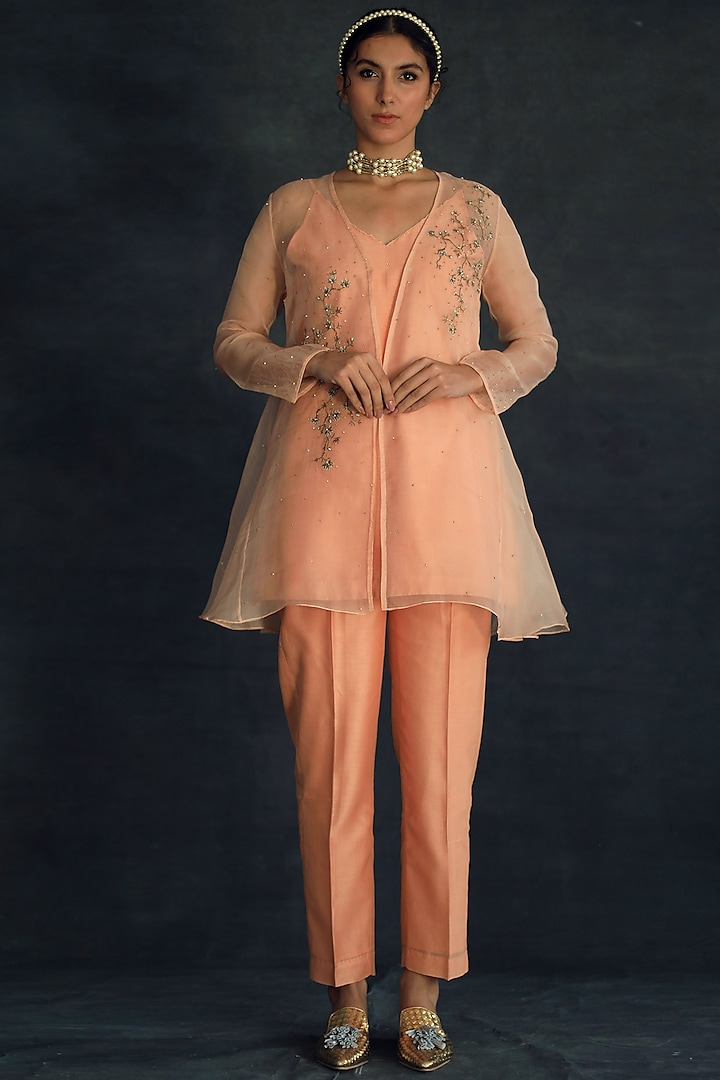 Peach Embroidered Pant Set by Shikha Mehta