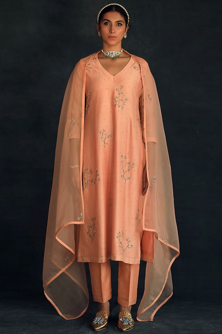 Peach Gold Embroidered Kurta Set by Shikha Mehta