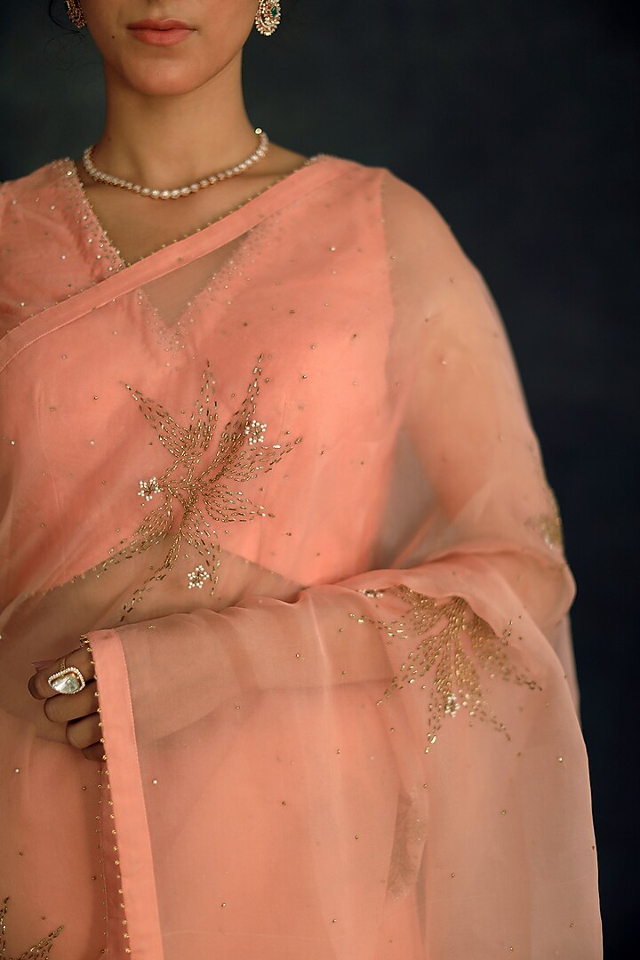 Salmon Pink Embroidered Blouse by Shikha Mehta at Pernia's Pop Up Shop