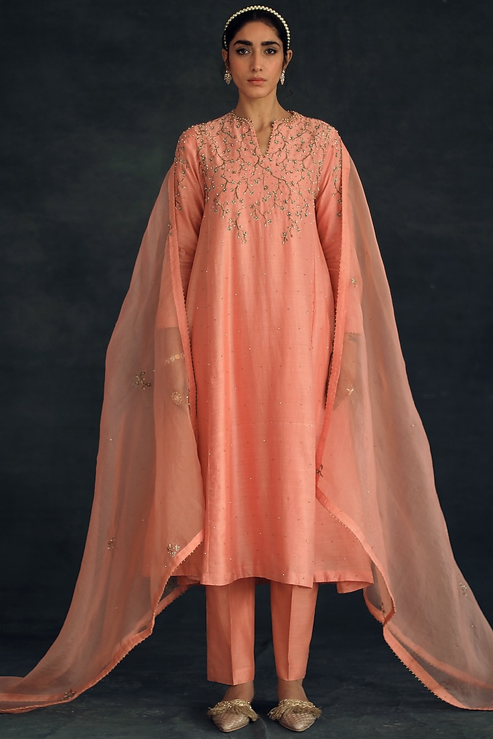 Blush Pink Gold Embellished Kurta Set by Shikha Mehta