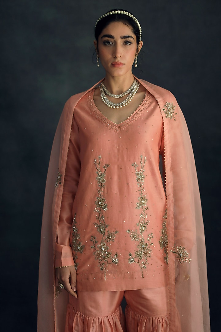 Salmon Pink Embroidered Wedding Sharara Set by Shikha Mehta at Pernia's Pop Up Shop