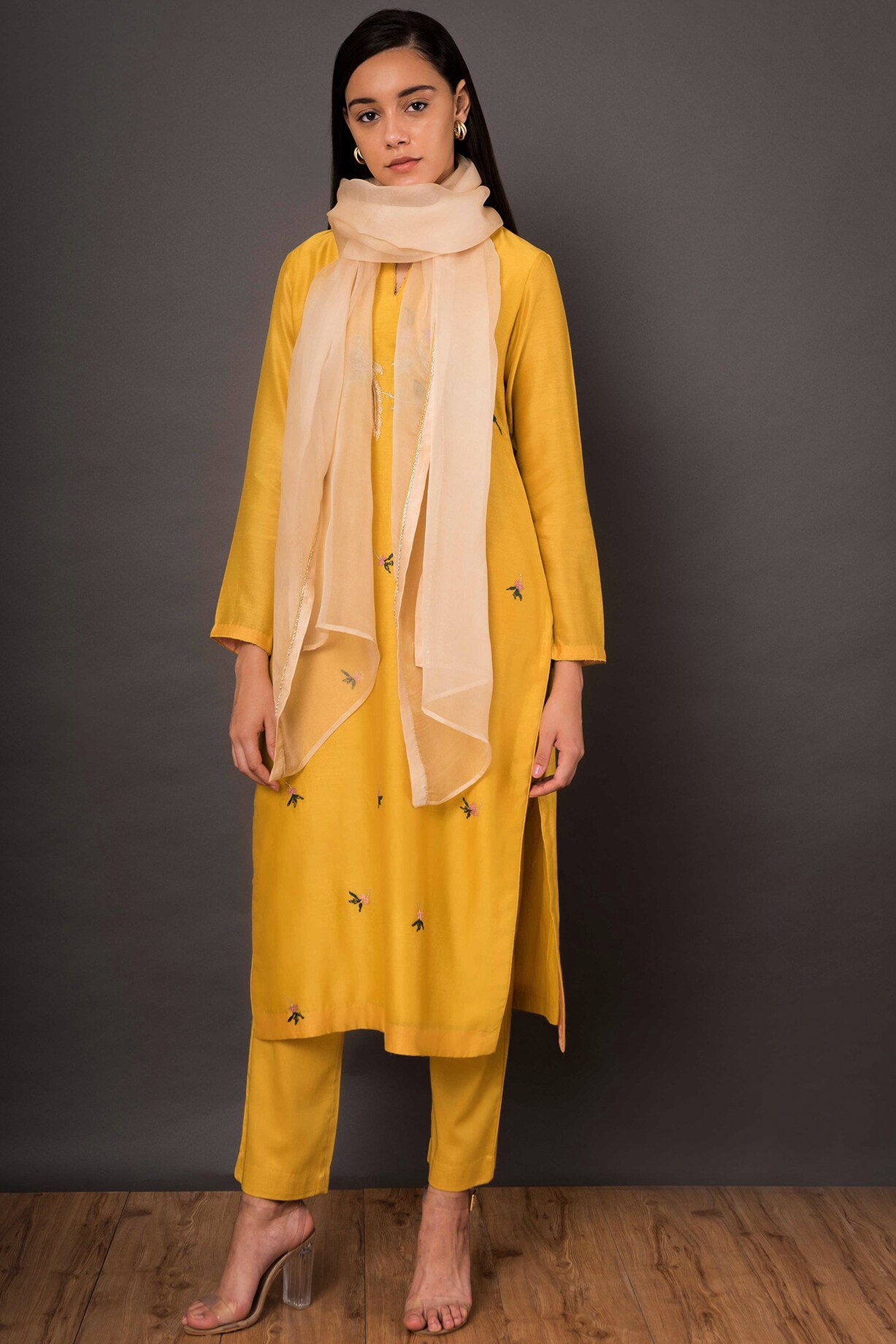 Sunshine Mustard Kurta Set with White Thread Embroidery