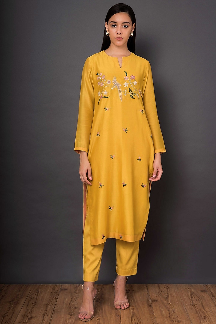 Mustard Yellow Embroidered Kurta Set Design by Shikha Mehta at Pernia's ...