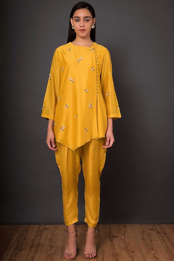Mustard Yellow Embroidered Pants Set by Shikha Mehta