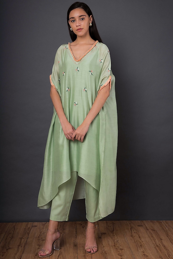 Green Zari Embroidered Pajama Pants Set by Shikha Mehta