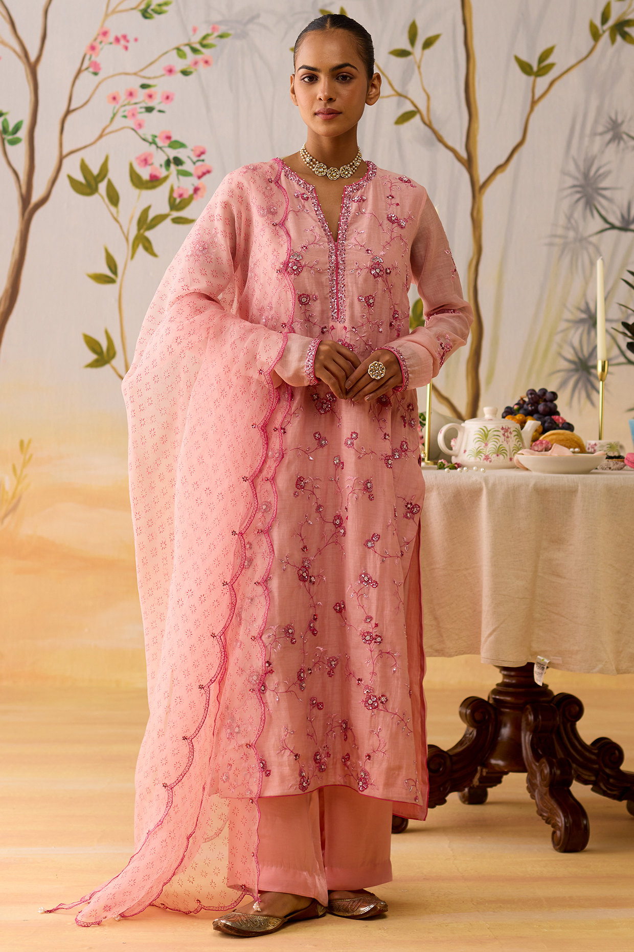 Pink Mul Chanderi Hand Embroidered & Block Printed Kurta Set by Shikha Mehta at Pernia's Pop Up Shop