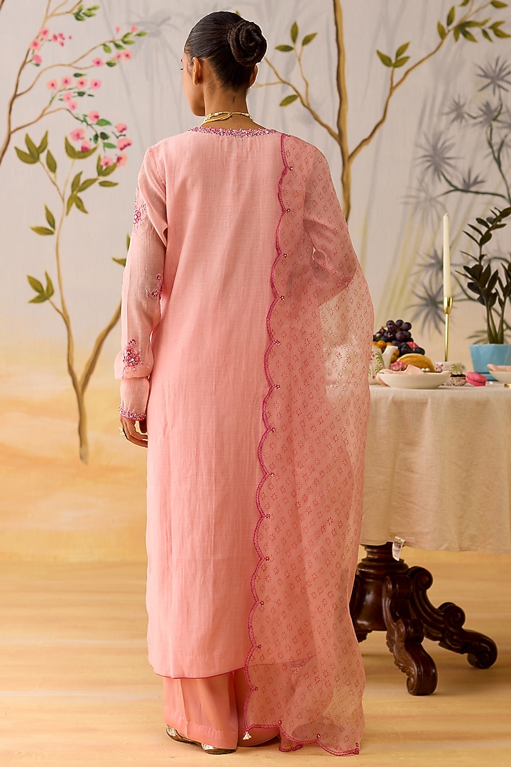 Pink Mul Chanderi Hand Embroidered & Block Printed Kurta Set by Shikha Mehta at Pernia's Pop Up Shop