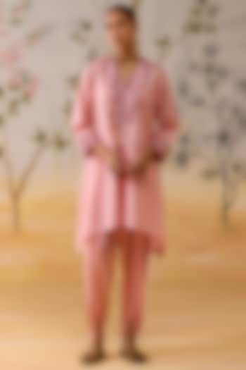 Pink Silk Block Printed & Hand Embroidered Tunic Set by Shikha Mehta at Pernia's Pop Up Shop