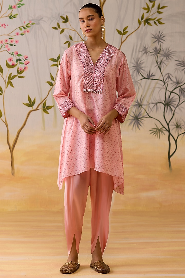 Pink Silk Block Printed & Hand Embroidered Tunic Set by Shikha Mehta at Pernia's Pop Up Shop