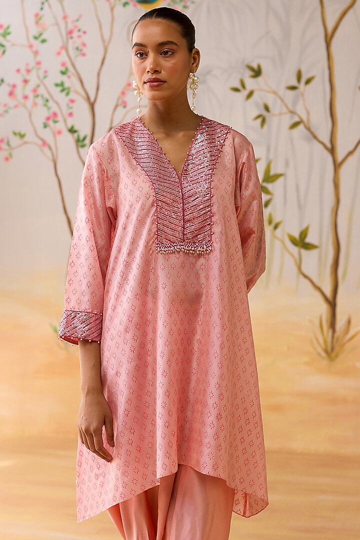 Pink Silk Block Printed & Hand Embroidered Tunic Set by Shikha Mehta at Pernia's Pop Up Shop