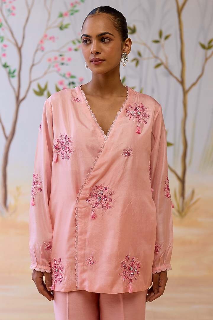 Pink Silk Thread Hand Embroidered Co-Ord Set by Shikha Mehta at Pernia's Pop Up Shop