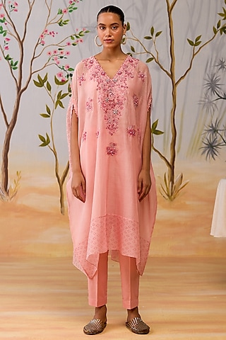Pink Mul Chanderi Hand Embroidered & Block Printed Kaftan Set by Shikha Mehta