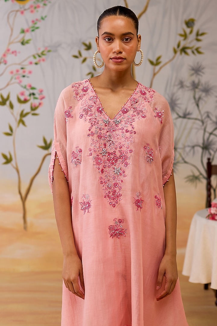 Pink Mul Chanderi Hand Embroidered & Block Printed Kaftan Set by Shikha Mehta at Pernia's Pop Up Shop