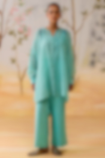 Aqua Blue Mul Chanderi Block Printed Co-Ord Set by Shikha Mehta at Pernia's Pop Up Shop