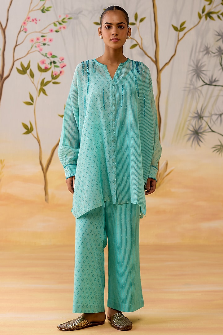 Aqua Blue Mul Chanderi Block Printed Co-Ord Set by Shikha Mehta at Pernia's Pop Up Shop