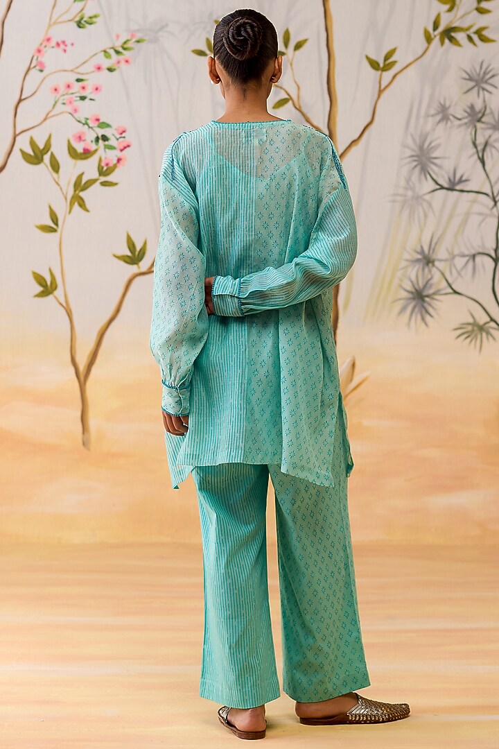 Aqua Blue Mul Chanderi Block Printed Co-Ord Set by Shikha Mehta at Pernia's Pop Up Shop