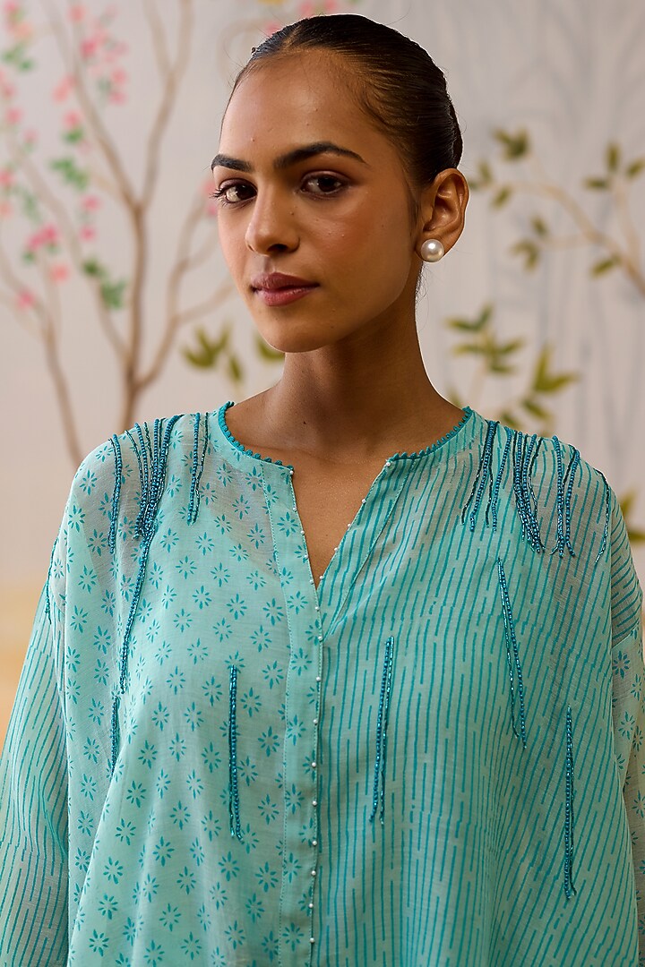 Aqua Blue Mul Chanderi Block Printed Co-Ord Set by Shikha Mehta at Pernia's Pop Up Shop