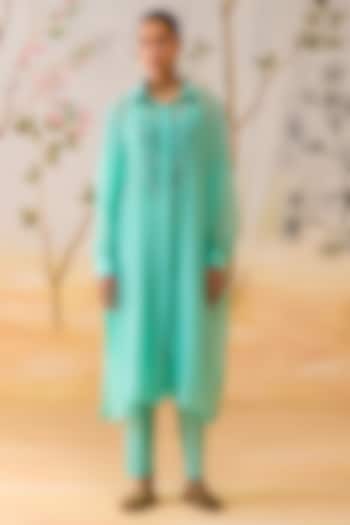 Aqua Blue Mul Chanderi Thread Hand Embroidered Tunic Set by Shikha Mehta at Pernia's Pop Up Shop